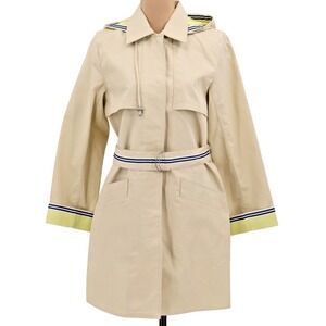 Dennis Basso Hooded Trench Coat Striped Trim Belted Beige Preppy Size Small NWT